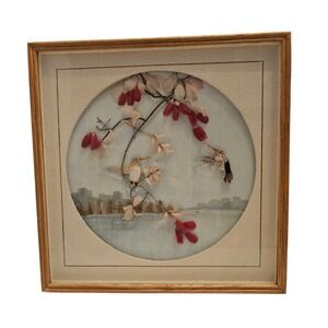Vintage Hummingbird Feather Art 3D Mixed Media Framed Bird Nature CAC 12x12